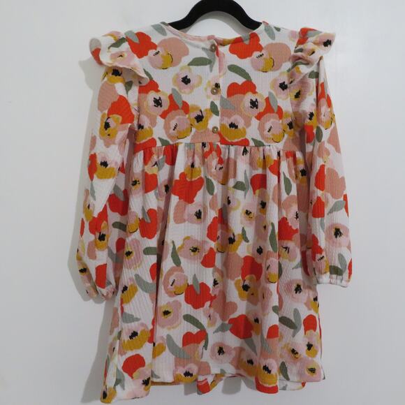 HOP Kids 4-5 Years Red Orange Peony Floral Dress Long Sleeve Ruffle Shoulder - Picture 2 of 5
